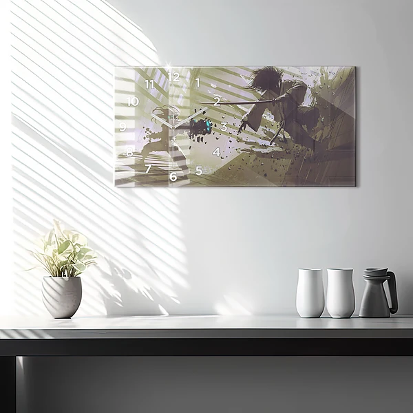 Horizontale Uhr Kampf zwischen Roboter und Samurai