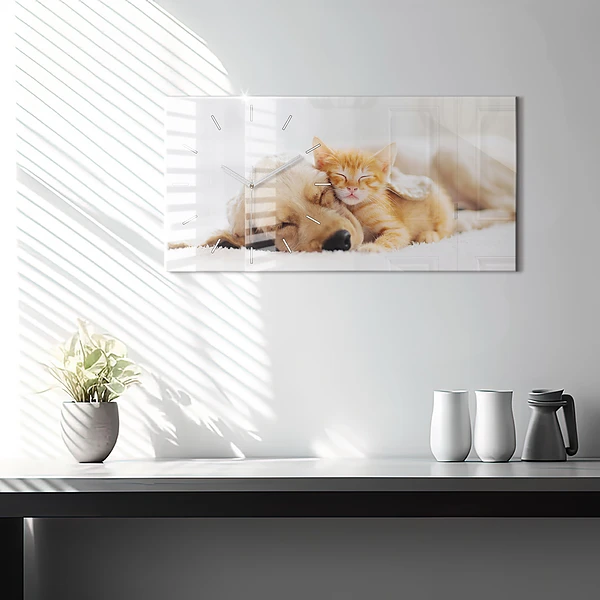 Horizontale Uhr mit motiv Schlafende Katze und Hund