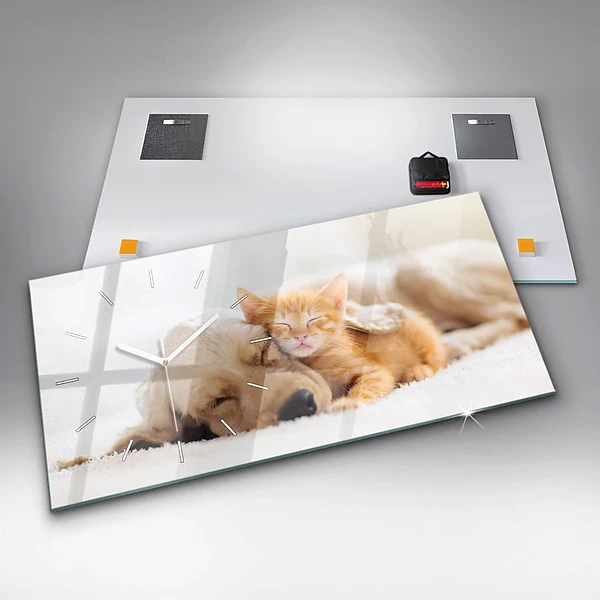 Horizontale Uhr mit motiv Schlafende Katze und Hund