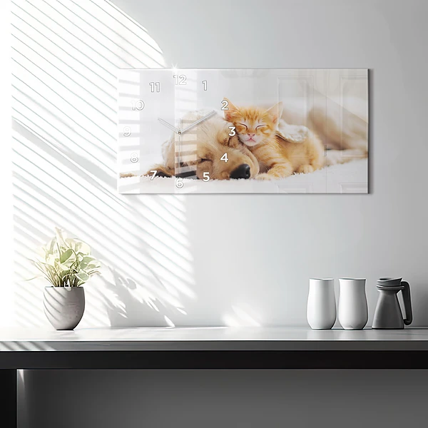 Horizontale Uhr mit motiv Schlafende Katze und Hund