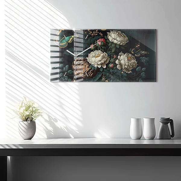 Horizontale Uhr mit motiv Blume und goldene Schmetterlinge