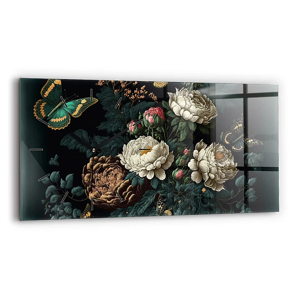 Horizontale Uhr mit motiv Blume und goldene Schmetterlinge