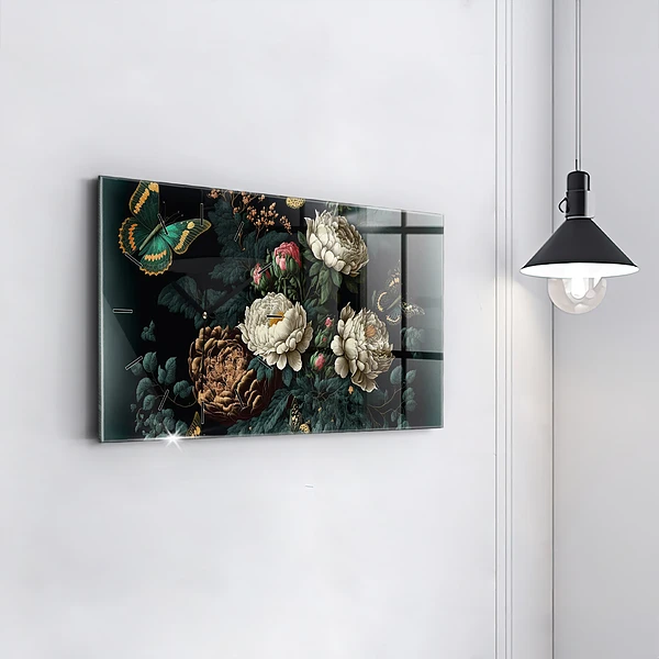 Horizontale Uhr mit motiv Blume und goldene Schmetterlinge