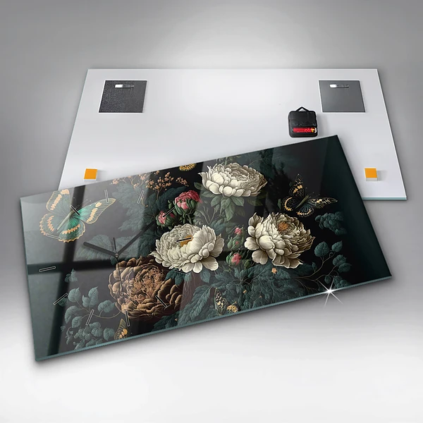 Horizontale Uhr mit motiv Blume und goldene Schmetterlinge
