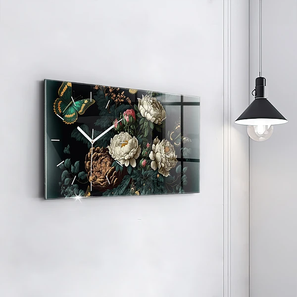 Horizontale Uhr mit motiv Blume und goldene Schmetterlinge