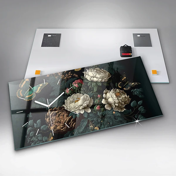 Horizontale Uhr mit motiv Blume und goldene Schmetterlinge