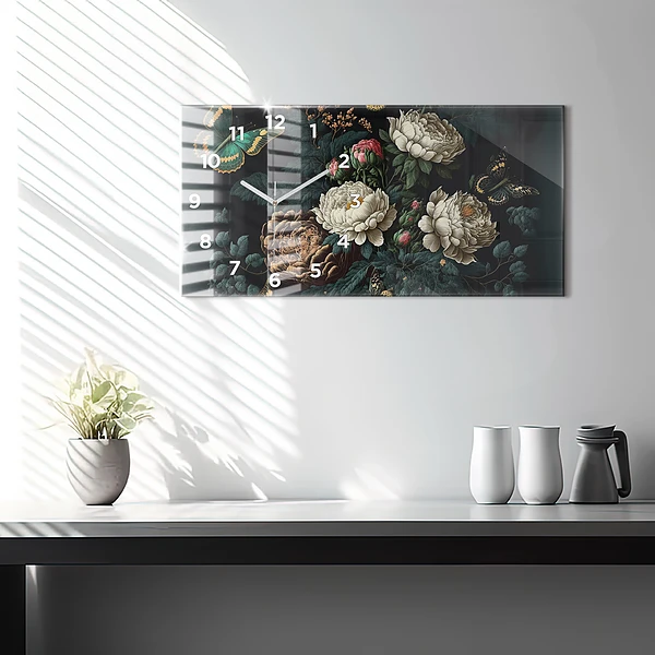 Horizontale Uhr mit motiv Blume und goldene Schmetterlinge