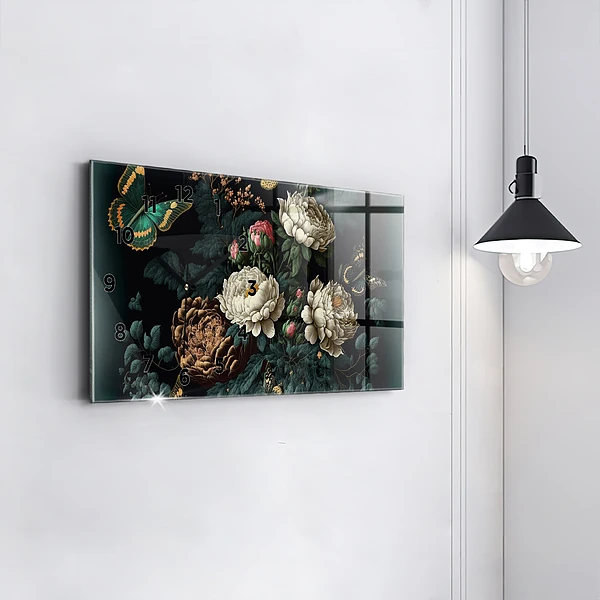 Horizontale Uhr mit motiv Blume und goldene Schmetterlinge