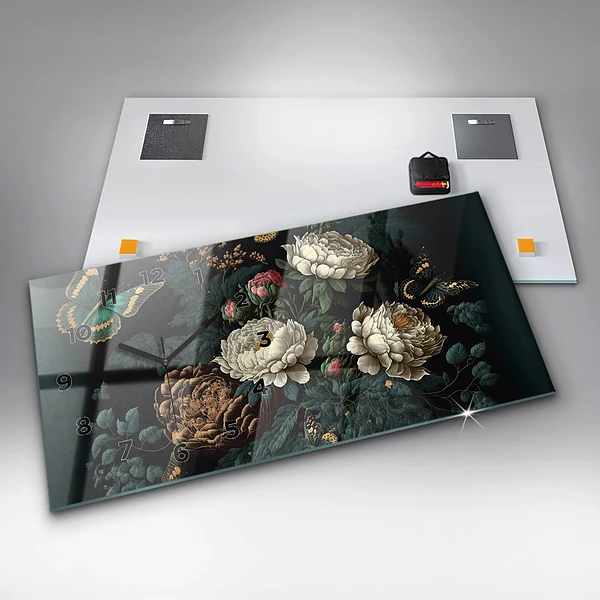 Horizontale Uhr mit motiv Blume und goldene Schmetterlinge
