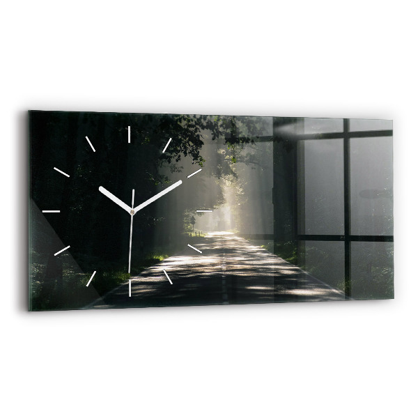 Horizontale Uhr mit motiv Waldweg und Sonnenschlieren