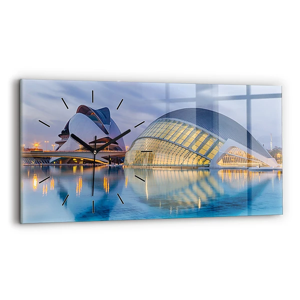 Horizontale Uhr mit motiv Sonnenuntergang in der Stadt