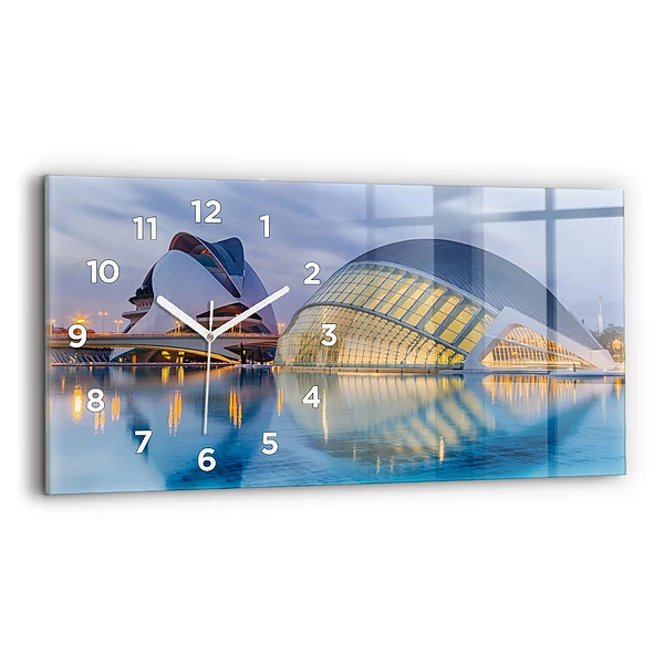 Horizontale Uhr mit motiv Sonnenuntergang in der Stadt