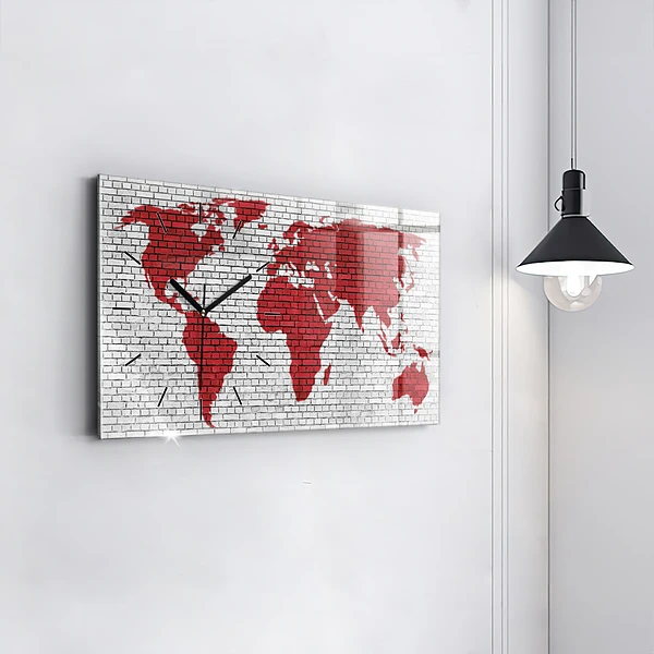 Horizontale Uhr mit motiv Backsteinmauer Weltkarte