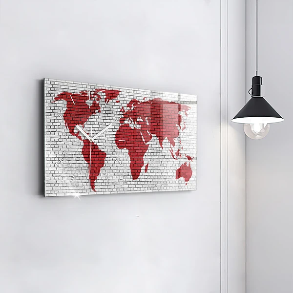 Horizontale Uhr mit motiv Backsteinmauer Weltkarte