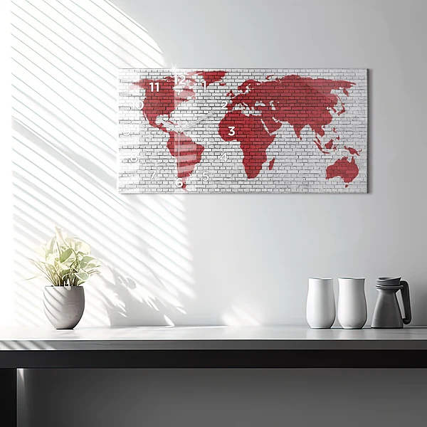 Horizontale Uhr mit motiv Backsteinmauer Weltkarte