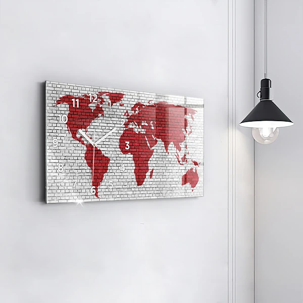 Horizontale Uhr mit motiv Backsteinmauer Weltkarte