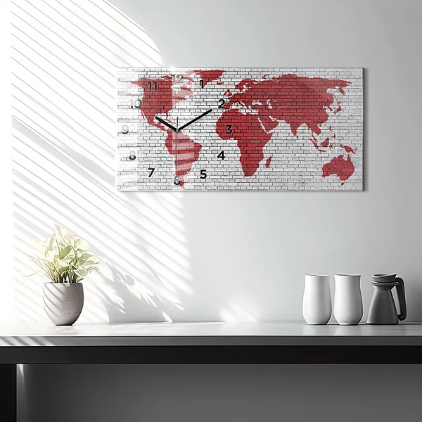 Horizontale Uhr mit motiv Backsteinmauer Weltkarte