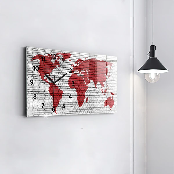 Horizontale Uhr mit motiv Backsteinmauer Weltkarte