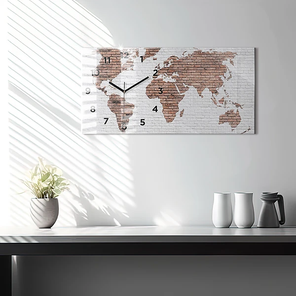 Horizontale Uhr mit motiv Weltkarte aus Backsteinen