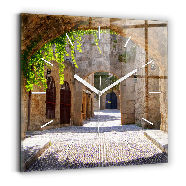 Wanduhr quadratisch mit motiv Malerische Straße von Rhodos