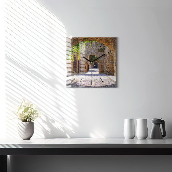 Wanduhr quadratisch mit motiv Malerische Straße von Rhodos