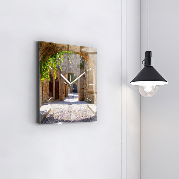 Wanduhr quadratisch mit motiv Malerische Straße von Rhodos