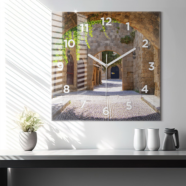 Wanduhr quadratisch mit motiv Malerische Straße von Rhodos