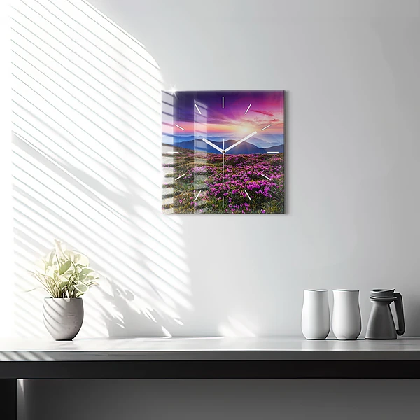 Wanduhr quadratisch Sonnenaufgang Blumen
