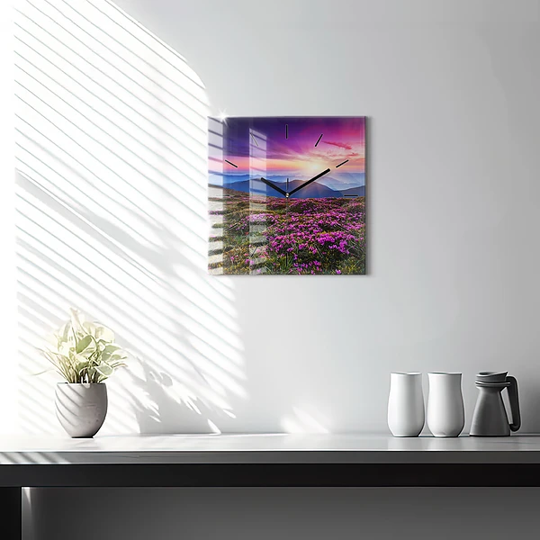 Wanduhr quadratisch Sonnenaufgang Blumen