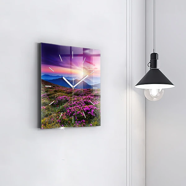 Wanduhr quadratisch Sonnenaufgang Blumen