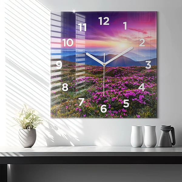 Wanduhr quadratisch Sonnenaufgang Blumen