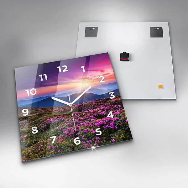 Wanduhr quadratisch Sonnenaufgang Blumen