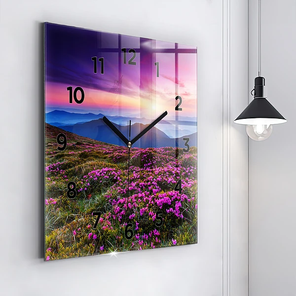 Wanduhr quadratisch Sonnenaufgang Blumen