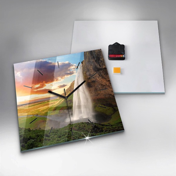 Wanduhr quadratisch mit motiv Wasserfall in Island