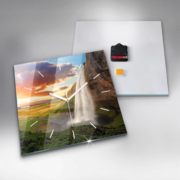 Wanduhr quadratisch mit motiv Wasserfall in Island