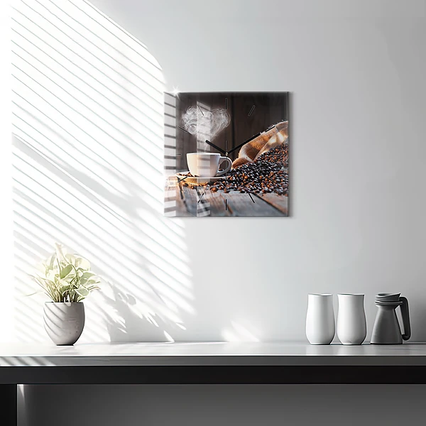 Wanduhr quadratisch Tasse Kaffee