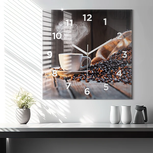Wanduhr quadratisch Tasse Kaffee