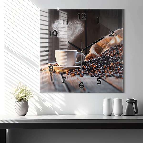 Wanduhr quadratisch Tasse Kaffee
