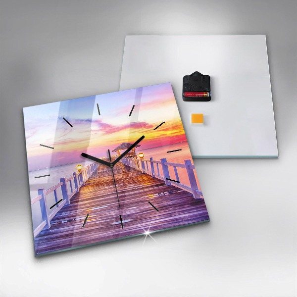 Wanduhr quadratisch mit motiv Brücke im Hafen am Abend