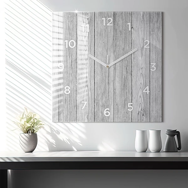 Wanduhr quadratisch mit motiv Holztafeln