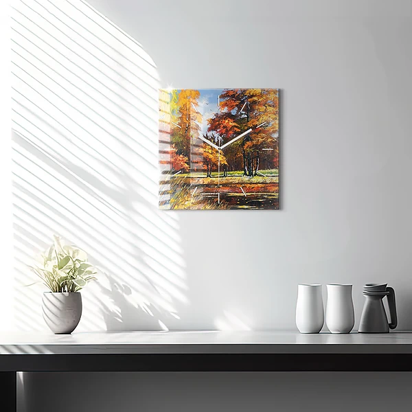 Wanduhr quadratisch mit motiv Herbstlandschaft mit Fluss