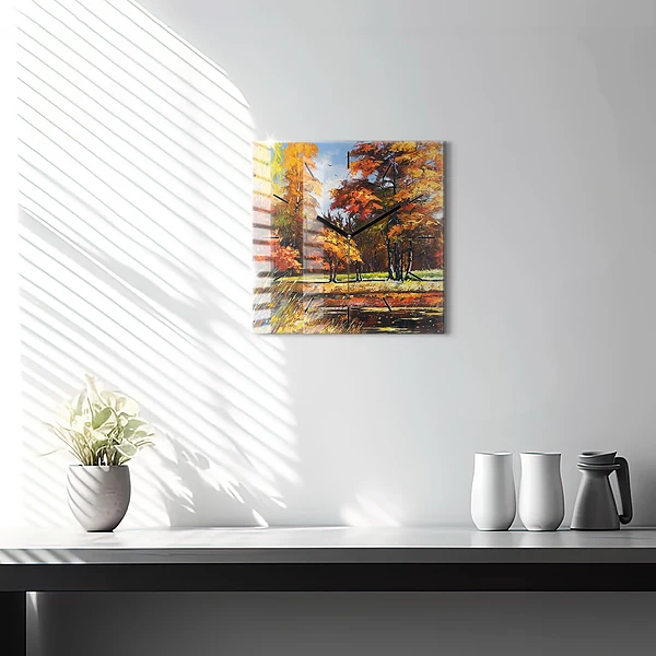 Wanduhr quadratisch mit motiv Herbstlandschaft mit Fluss