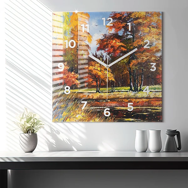 Wanduhr quadratisch mit motiv Herbstlandschaft mit Fluss