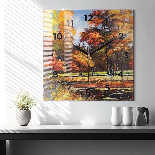 Wanduhr quadratisch mit motiv Herbstlandschaft mit Fluss