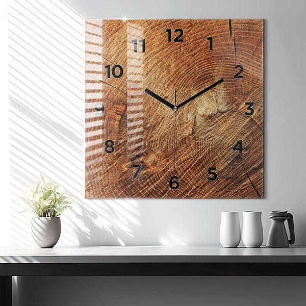 Wanduhr modern quadratisch Alter Baumstamm