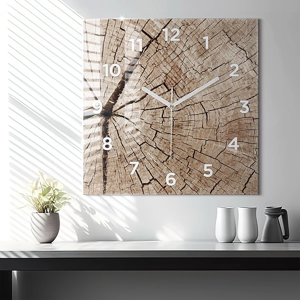 Wanduhr quadratisch Alter Holzstamm