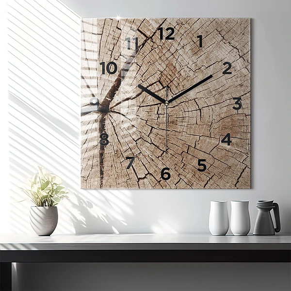 Wanduhr quadratisch Alter Holzstamm