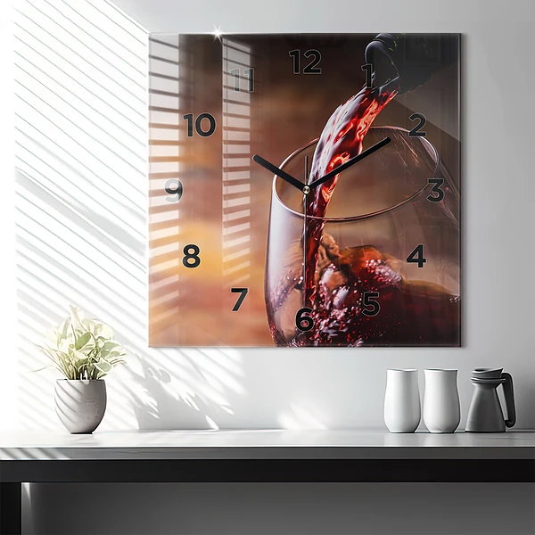 Wanduhr quadratisch mit motiv Weinglas