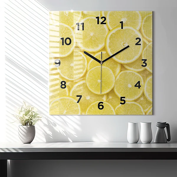 Wanduhr quadratisch mit motiv Zitronenscheiben