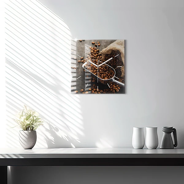 Wanduhr quadratisch mit motiv Sack mit Kaffeebohnen